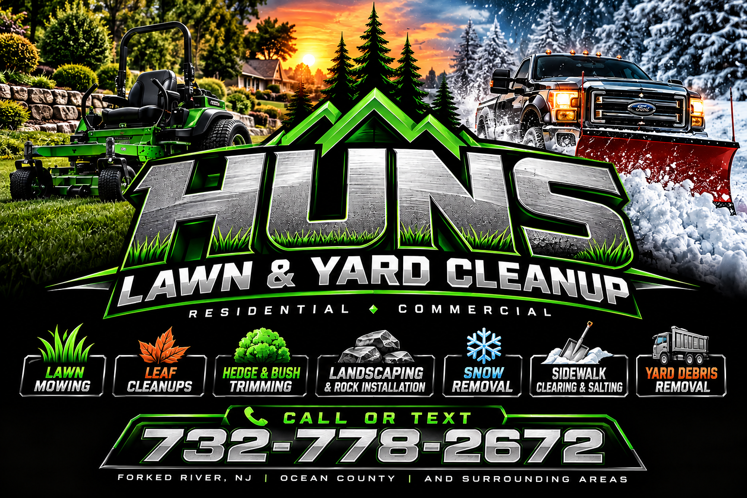 HUNS Lawn and Yard Cleanup seasonal property services branding